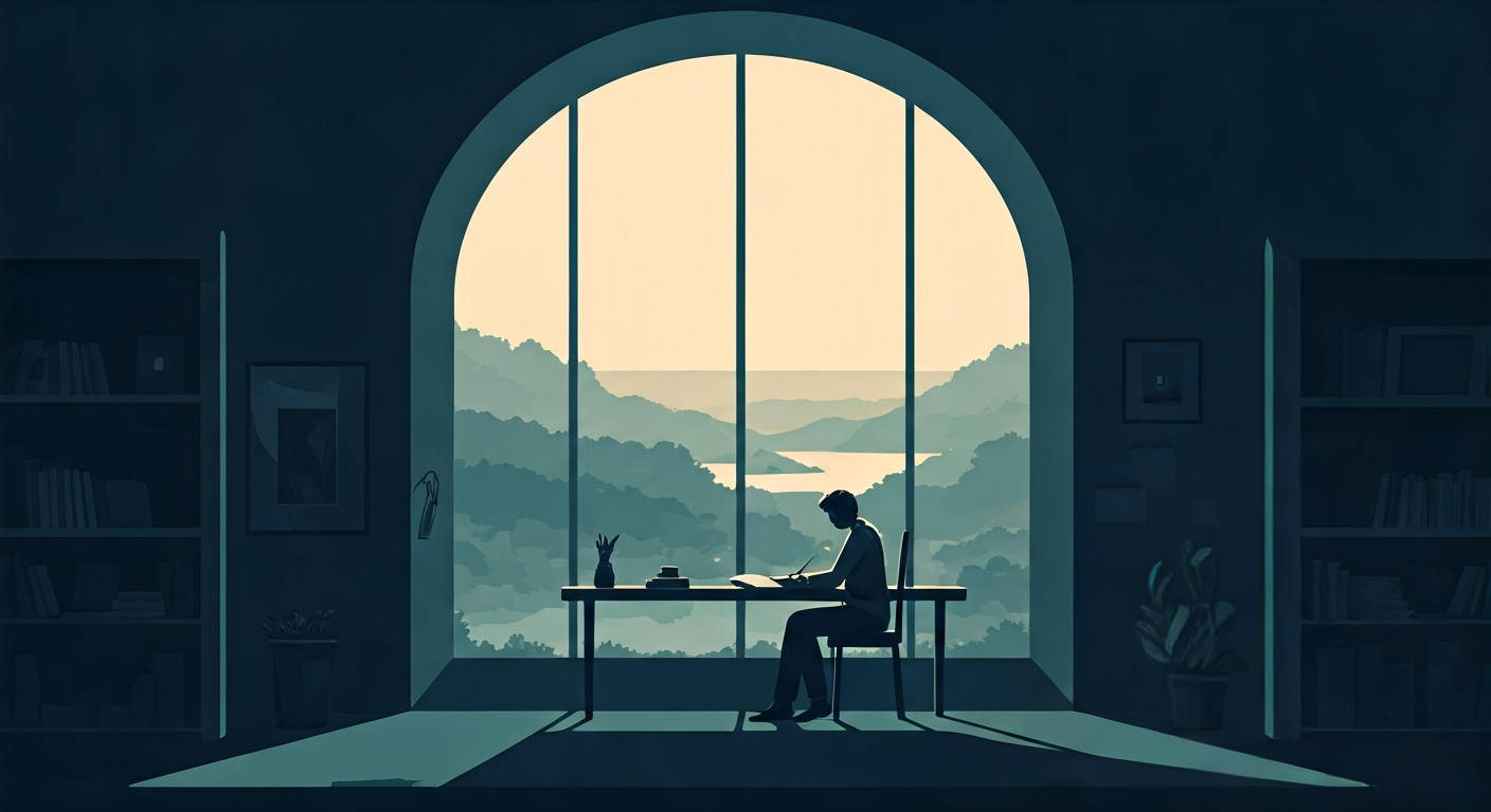 A person sitting calmly at a desk, surrounded by quiet, focused work, with soft light illuminating their thoughtful expression