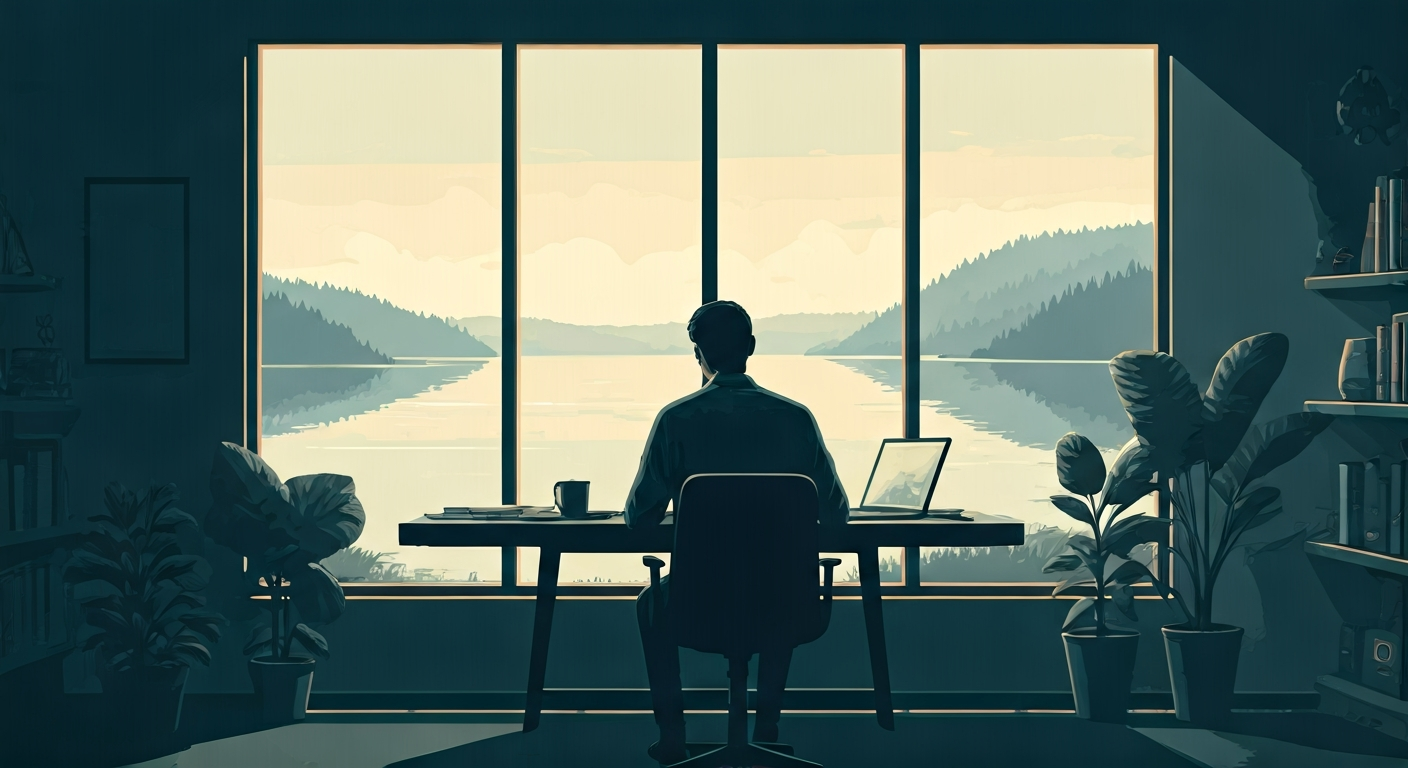 A stylized brain with gears and light bulbs, representing deep thought and problem-solving, set in a calm, minimalist environment