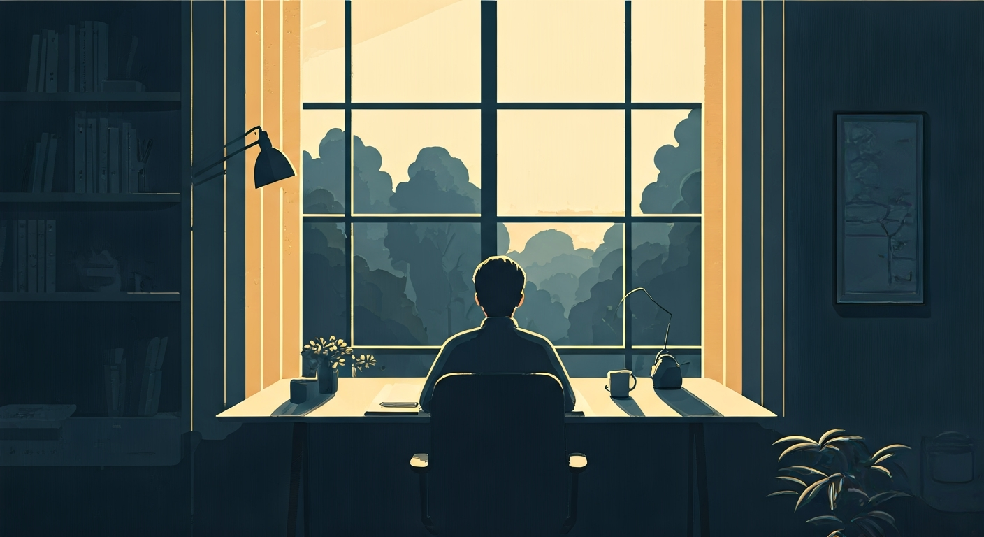 A quiet, well-organized home office space with a large window looking out onto a serene landscape, emphasizing calm and focus