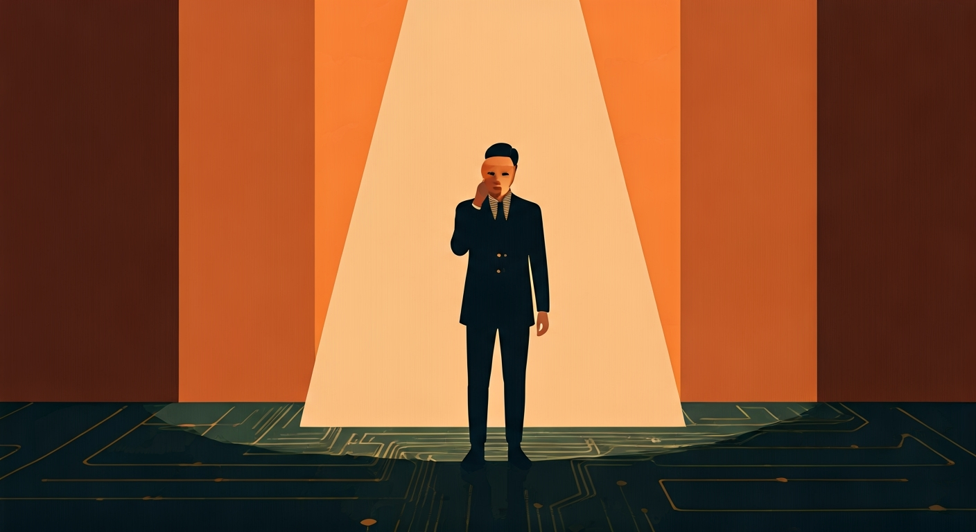 A person behind a slightly opaque screen, subtly adjusting their posture and expression, presenting a carefully curated version of themselves. The background shows faint, complex gears turning, symbolizing internal motivations.