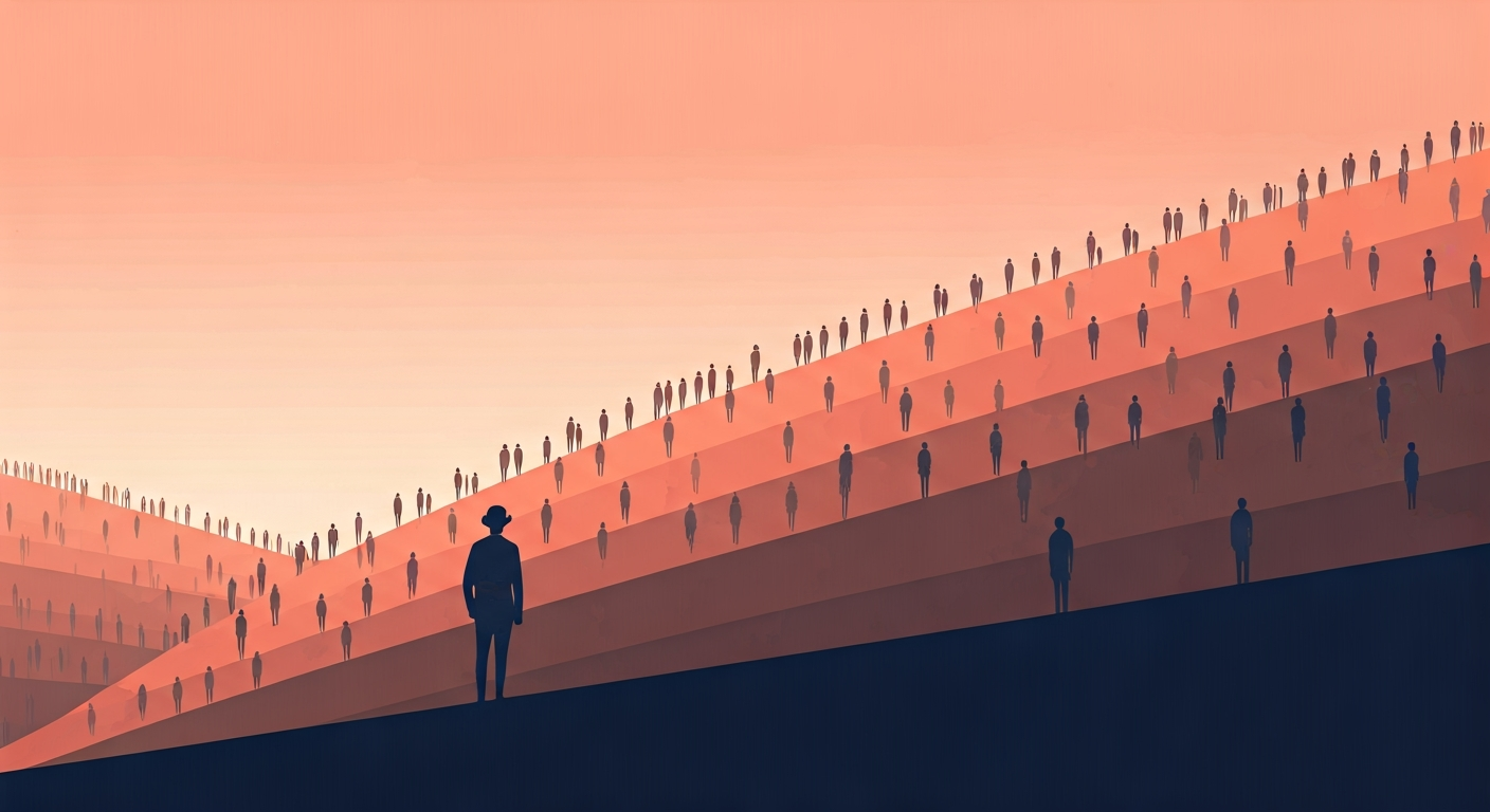 A diverse group of abstract, simplified figures standing on a spectrum, with a central figure in the middle, representing the normal distribution of traits