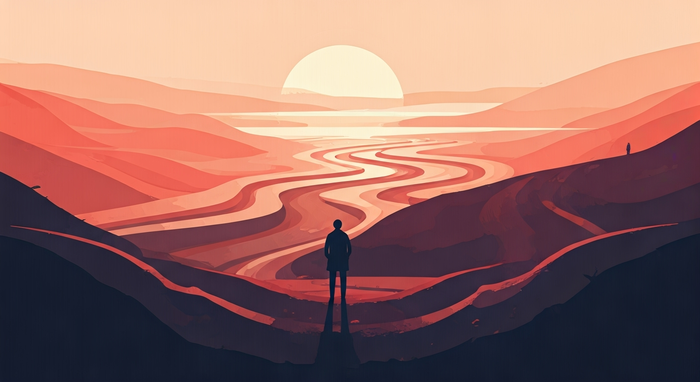 A calm, introspective scene of a single abstract figure looking at a map with multiple diverging paths, symbolizing individual personality journeys