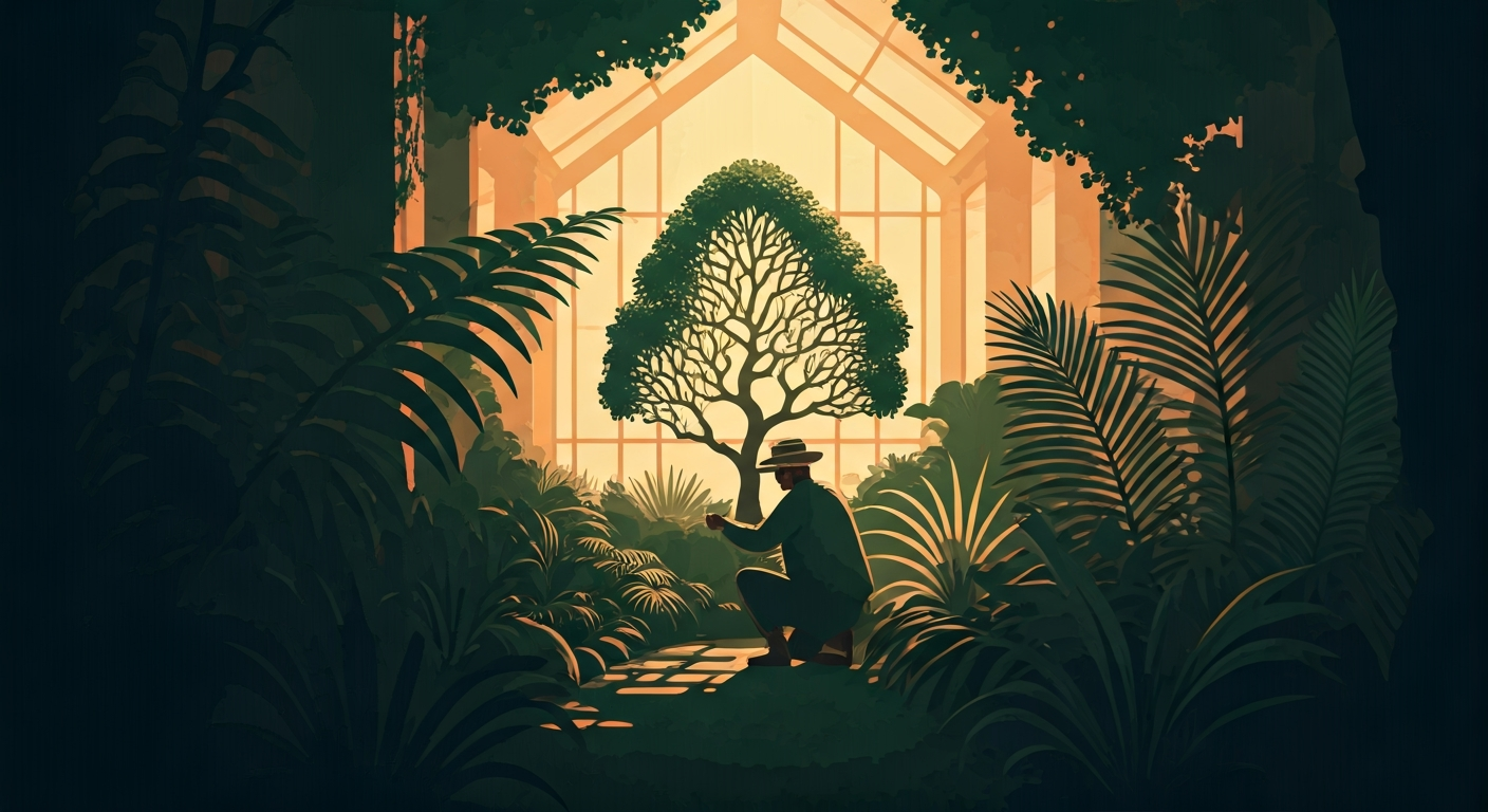 An abstract grid of geometric shapes, each cell showing a different pattern — one cell empty, representing the fill-in-the-blank structure of matrix reasoning — flat editorial illustration