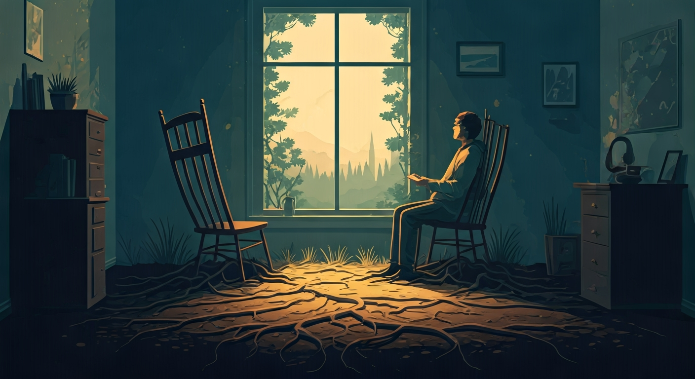 An abstract figure examining three separate windows, each showing a different view — some clear, some obscured — flat editorial illustration